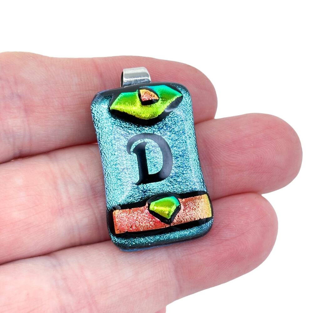 Estate Sterling Silver 925 Blue Dichroic Glass Initial D Pendant